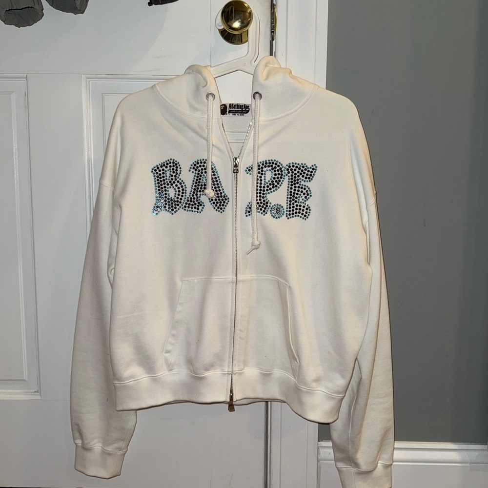 Bape White Rhinestone Full Zip Hoodie